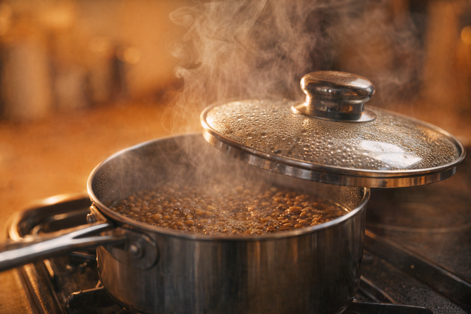 A medium saucepan filled with simmering lentils, steam rising, condensation on the glass lid, warm kitchen lighting